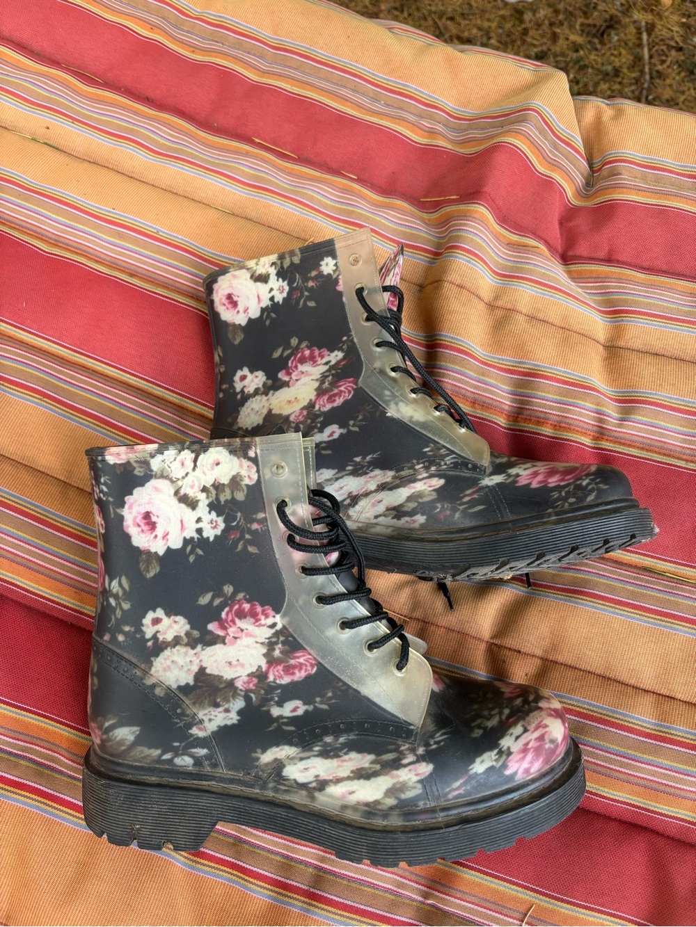 Floral Lace-Up Combat Boots - Black with Pink Rose Print